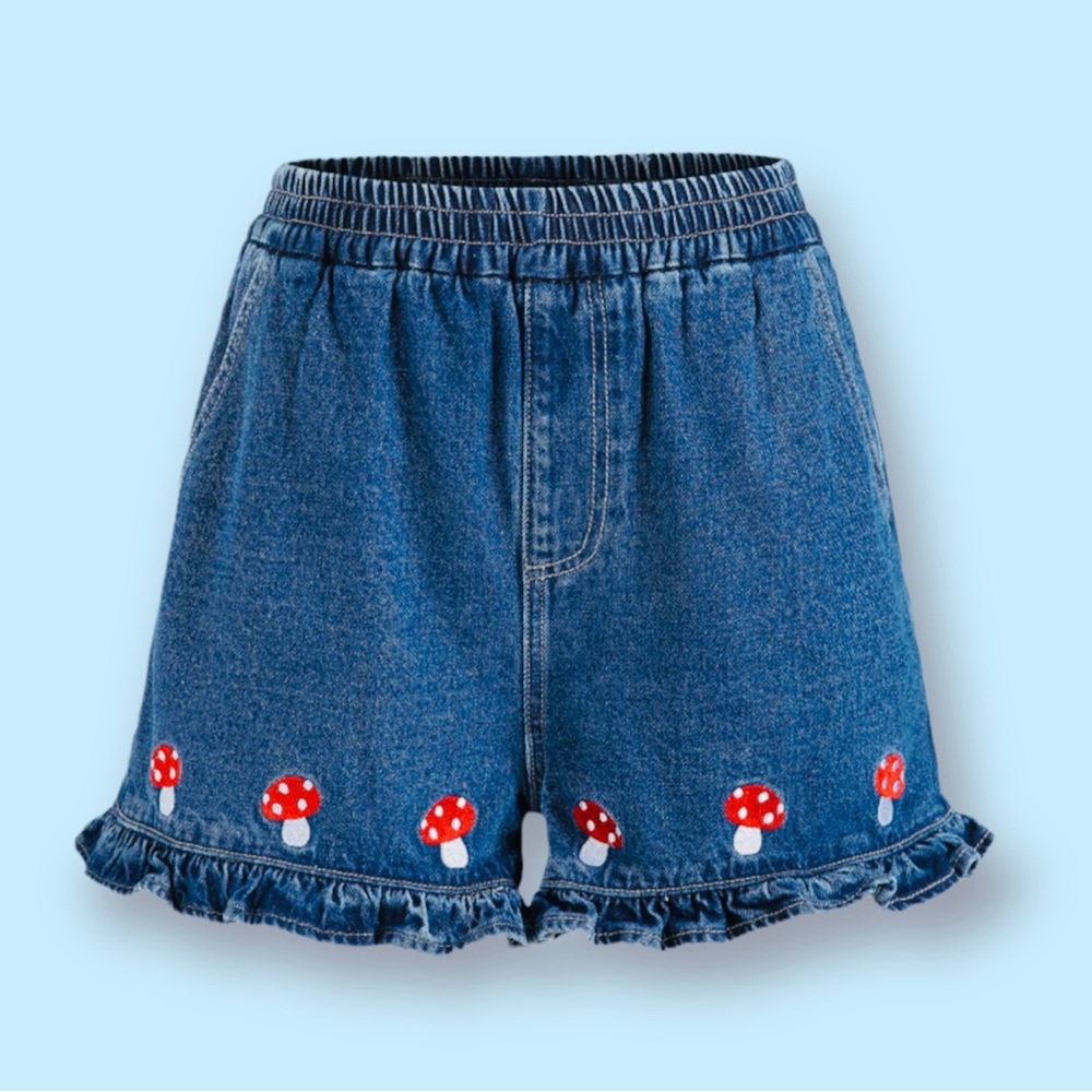 Mushroom denim mini ruffle shorts